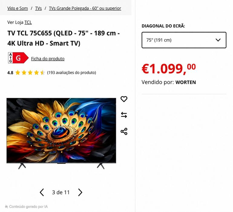 TV TCL 75C655 (QLED - 75'' - 189 cm - 4K Ultra HD - Smart TV)