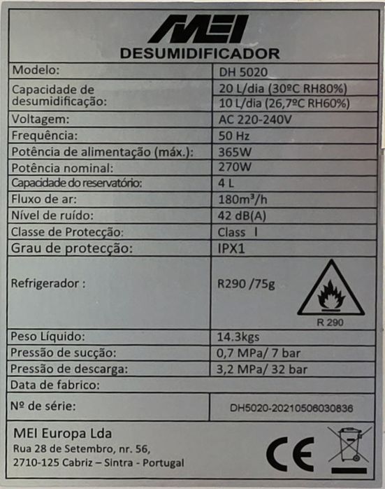 Desumidificador MEI DH 5020 com compressor avariado
