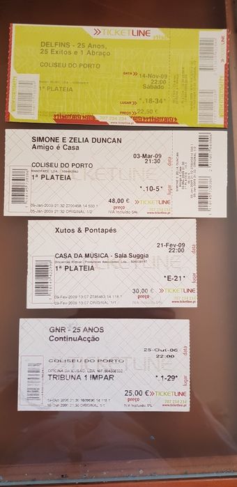 Bilhetes antigos  de concertos  de Caetano Veloso, Xutos, GNRe outros