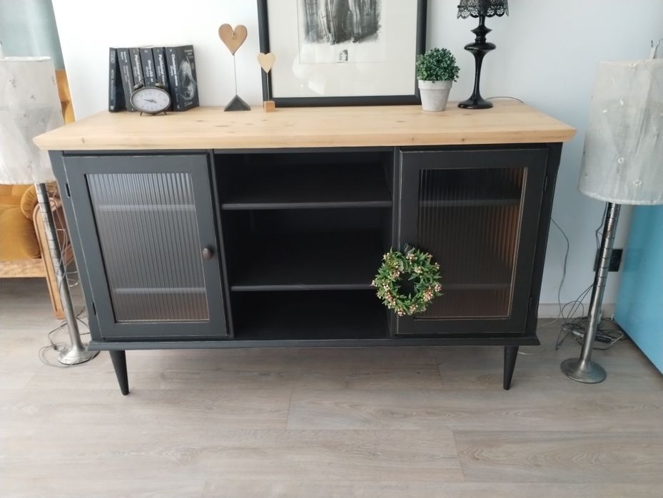 Komoda lite drewno ryflowane szyby