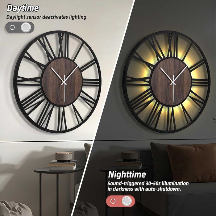Relógio de Parede 60cm para Sala | Silencioso Sem Tique-taque | Funciona a Pilhas | Estilo Madeira e Metal