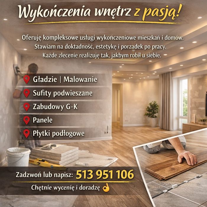 Gładzie | Malowanie | Sucha zabudowa GK | Adaptacja poddaszy | Kraków