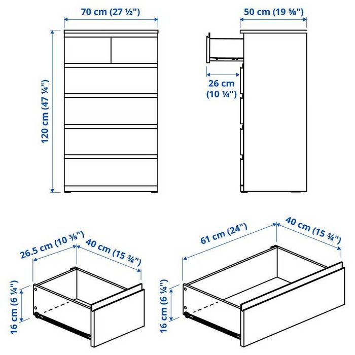 Kredens STORKLINTA Komoda, 6 szuflad 70x50x120 Malm Nowa w kartonach Okazja