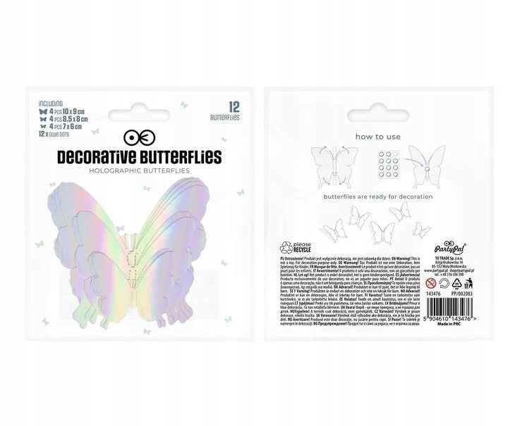 Naklejki 3D Dekoracyjne Motyle Motylki Holograficzne Srebrne 12 szt.