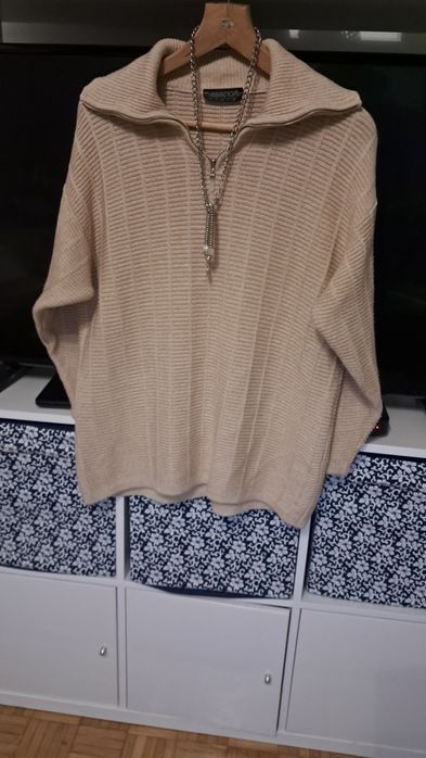 Sweter beżowy Passport r.XL rozpinany kołnierz,  bawełna, prążek