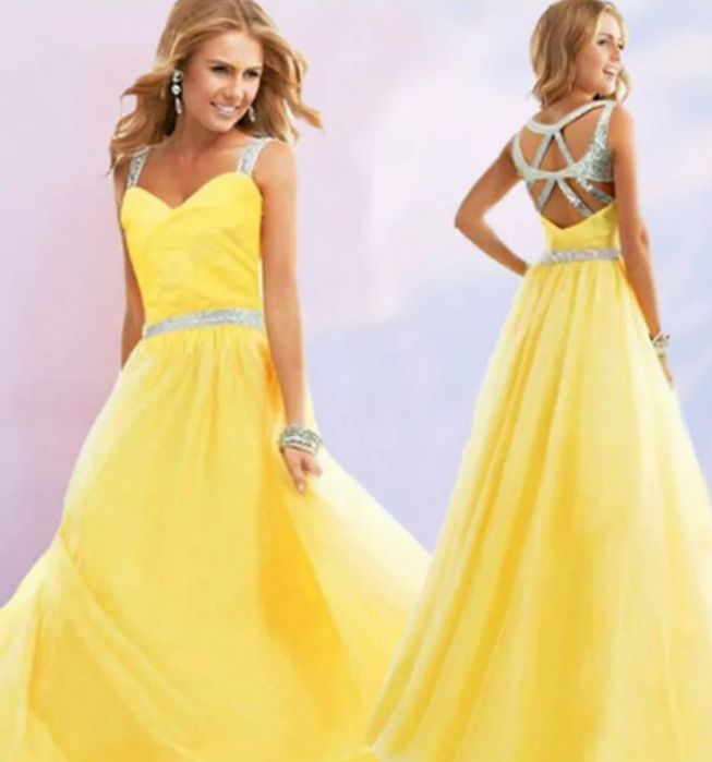 Żółta zwiewna długa sukienka, kanarkowa suknia na wesele, lato rozm S