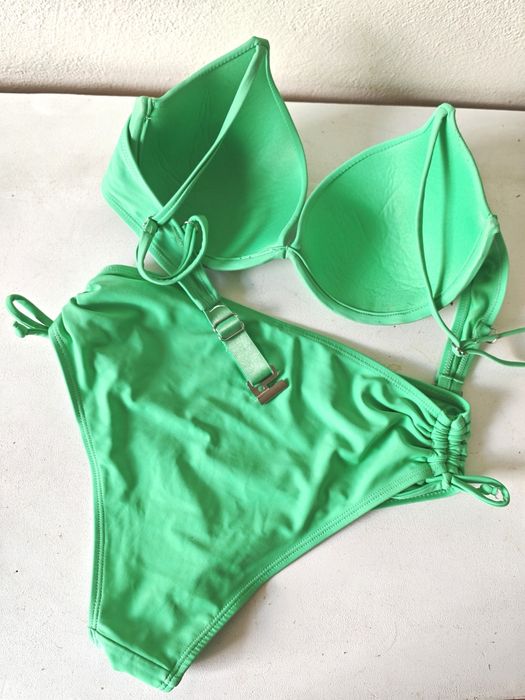 Bikini zielone cropp s/m z wysokim stanem