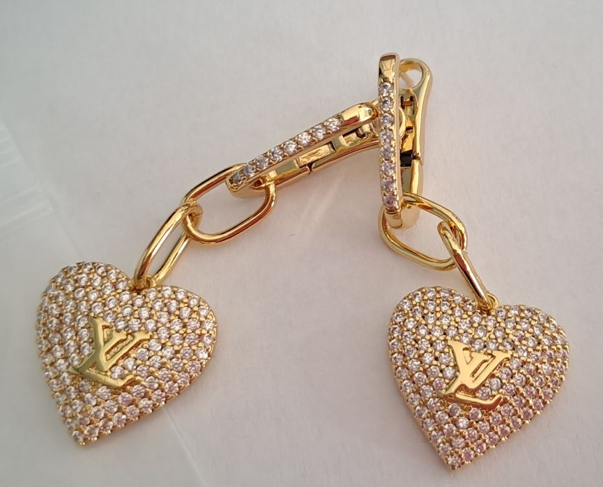 Przepiękne, wiszące kolczyki lv serca, kryształki Cudo ysl cc