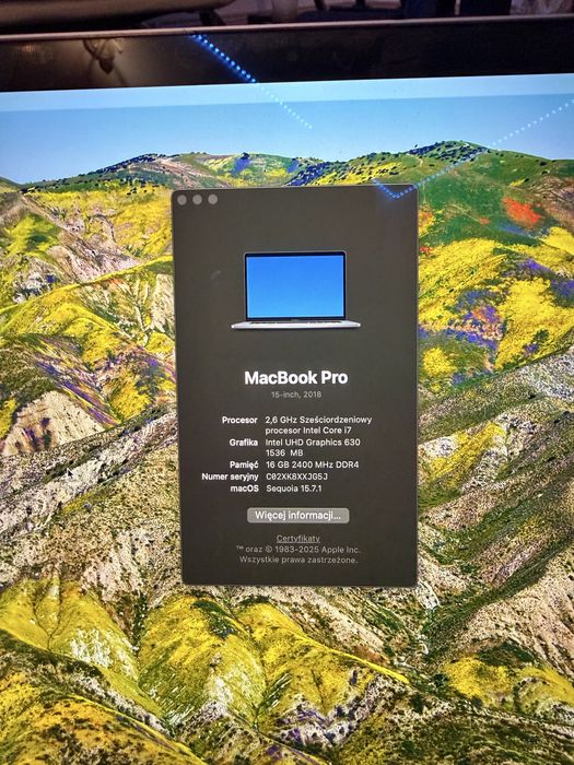 MacBook Pro 2018 15” – i7 / 16GB RAM / Mało cykli / Zamiana Nowy