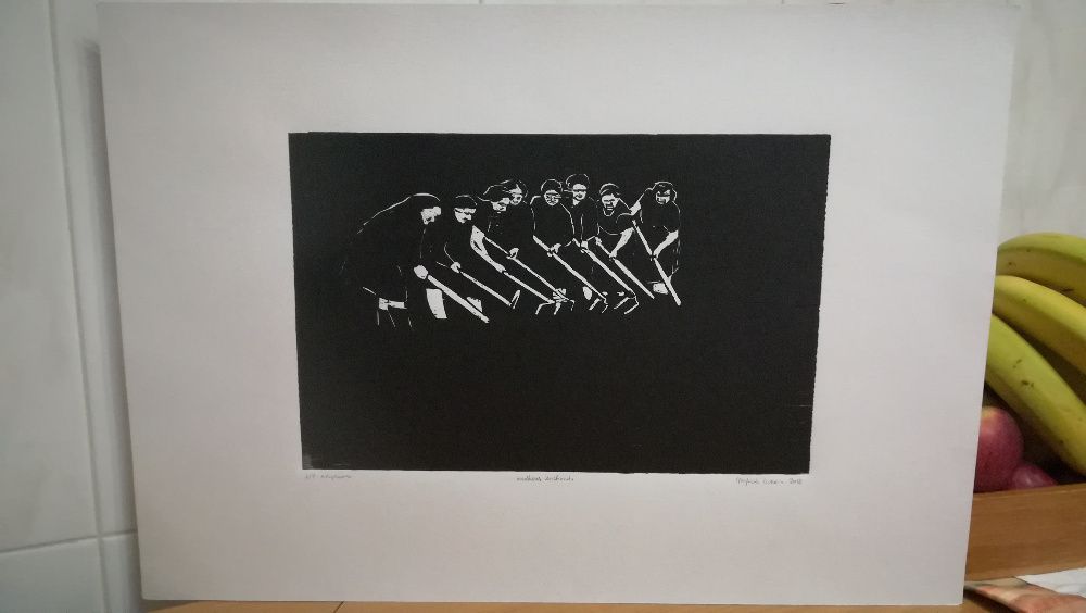 Xilogravura gravura madeira "Mulheres a Sachar" assinado arte desenho