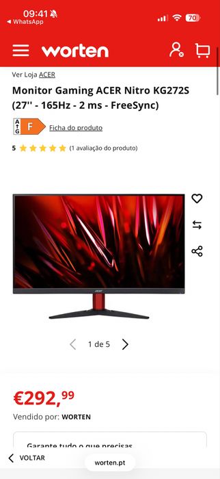 Monitor Gaming Acer Nitro KG272S – 27″ | Como Novo
