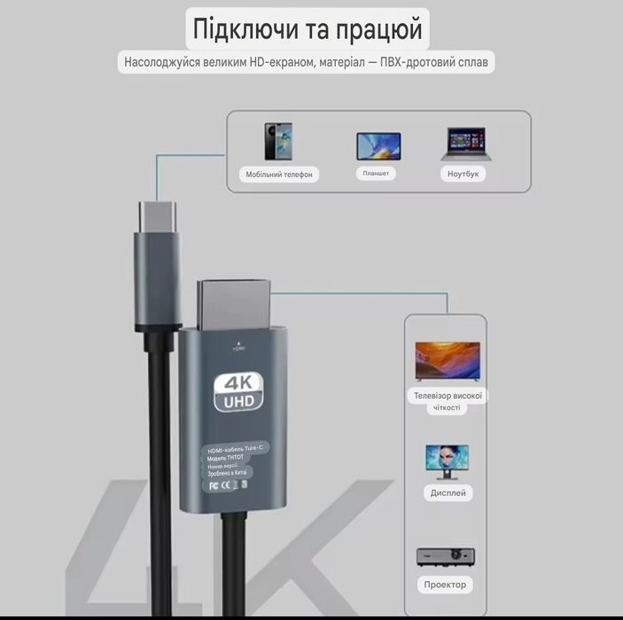 Кабель Type-C HDMI 4K 2м | USB-C → HDMI | Трансляція екрана телефона