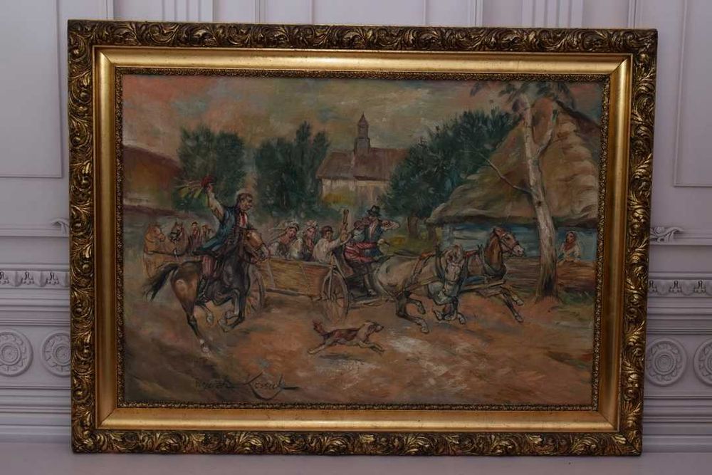 Wojciech Kossak - Wesele Krakowskie - Polski Stary Obraz Olejny 90x120