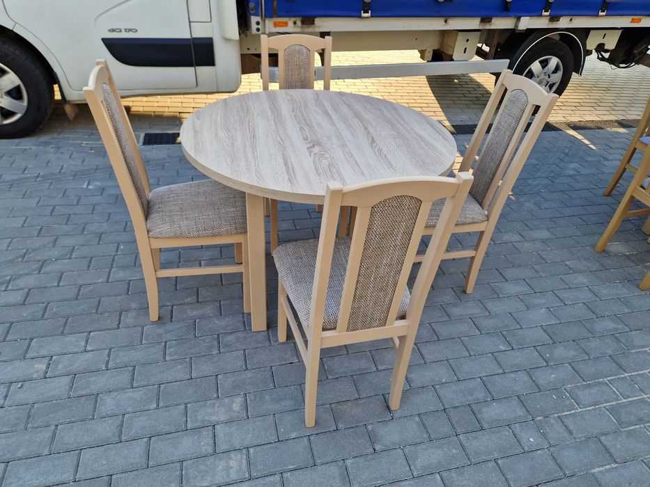 Nowe: Stół okrągły + 4 krzesła, 100 cm rozkładany do 130 cm , sonoma + tapicerka do wyboru, dostawa na terenie całej Polski WWW.DX-MEBLE.PL