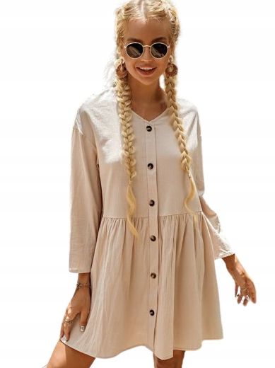 Shein gładka beżowa trapezowa mini sukienka l v3k