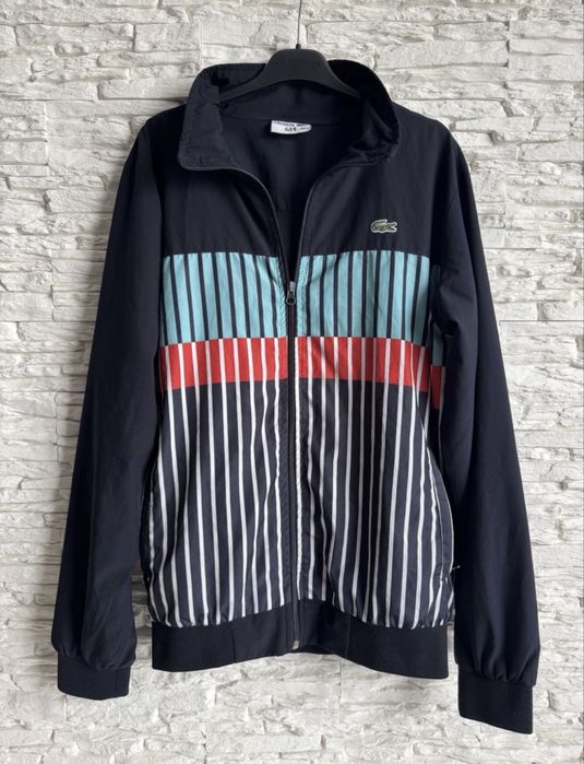Kurtka sportowa Lacoste w paski w kolorze granatowym, vintage, Y2K r. XL