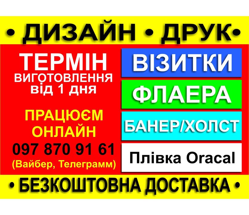 Друк Візитки,Флаера,БАНЕР, Плівка, Холст, ПЛАСТИК карти, терміновий