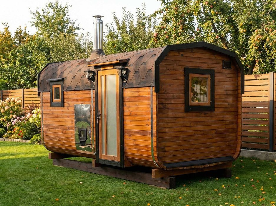 SAUNA Ogrodowa beczka 4m + GRATIS: balia do schłodzenia+LED - z piecem