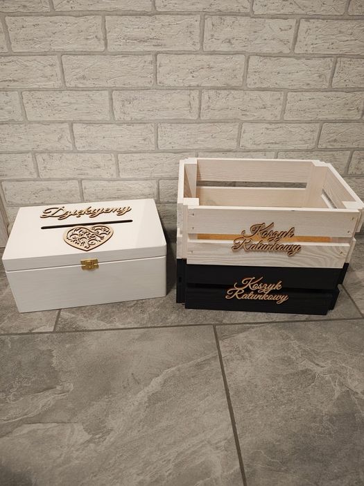 Nowa skrzynka na koperty koszyki ratunkowe ślub wesele białe drewniane