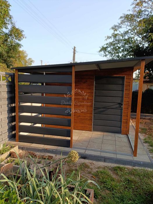 domek ogrodowy 3,5x3m + wiata 2m okno drewnopodobny antracyt  ID756