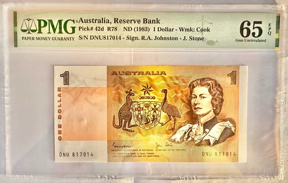 Nota da Austrália – 1 Dólar ND 1983 – Pick# 42d / R78 (PMG 65 EPQ Gem Unc)