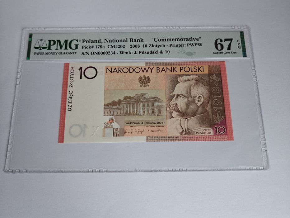 10 złotych 2008 Niepodległość Niski Numer PMG67EPQ!