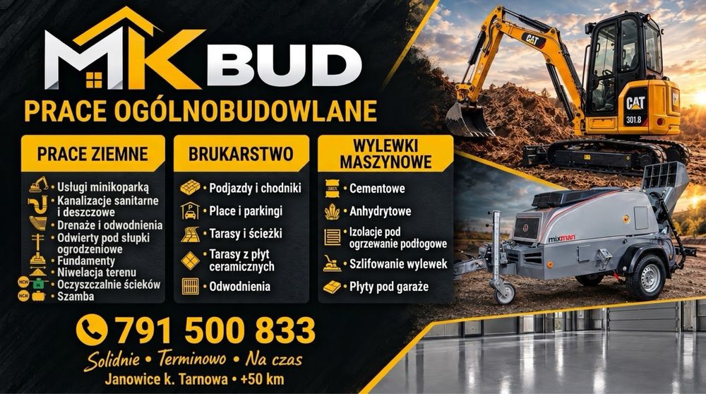 Usługi minikoparka,prace budowlane,prace ziemne, kanalizacja,brukarstwo,szamba i oczyszczalnie,odwodnienia,drenaż,fundamenty,niwelacja terenu,wylewki