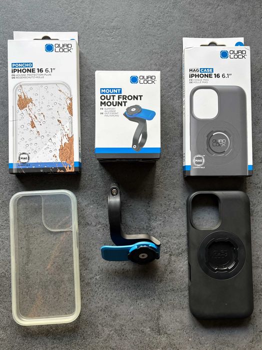 Quad Lock zestaw: uchwyt na kierownicę Out Front Mount, etui iPhone 16 Mag Case, osłona telefonu Poncho