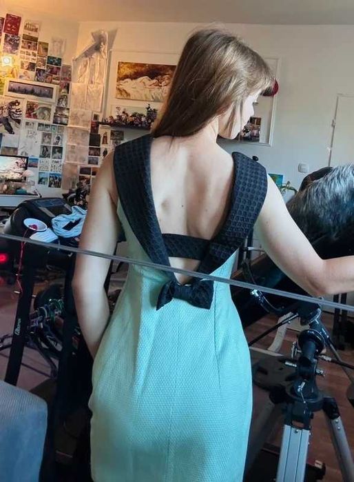 Krótka sukienka lolita vintage z kokardką z tyłu xs turkusowa