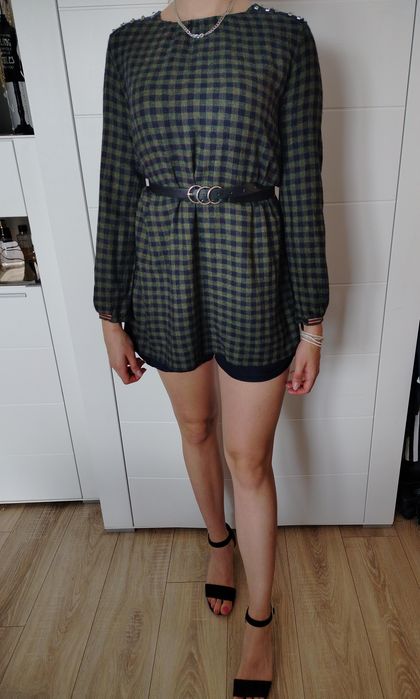 kombinezon Zara L zielono czarny w pepitkę krótki z długim rękawem