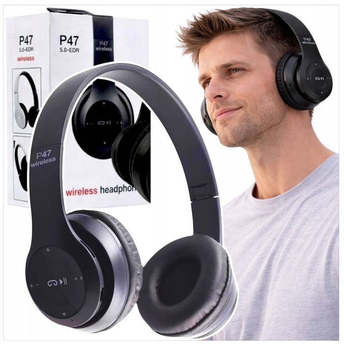 Słuchawki nauszne Bluetooth P47 czarne do telefonu i laptopa