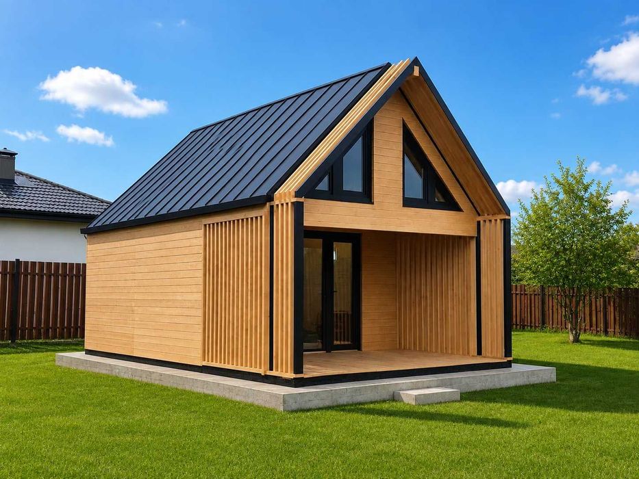 Domek drewniany Amadeusz IV v2 7,7x4,5 m z antresolą i tarasem