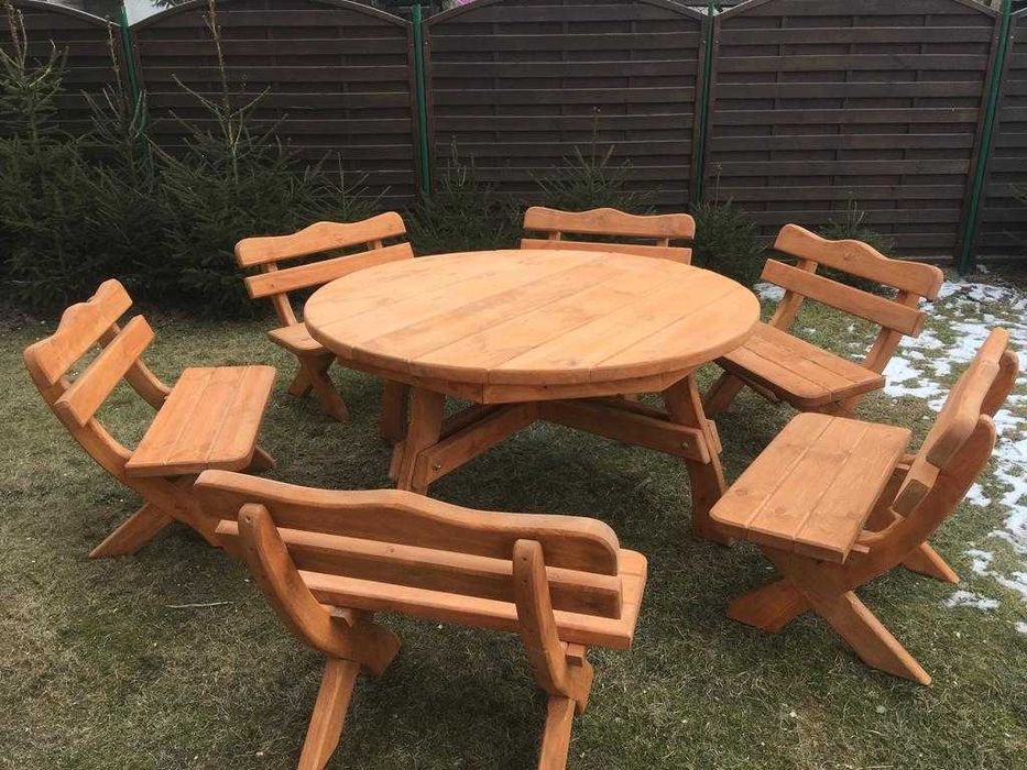 Stół sześciokątny 10 cm 6 ławek 90 cm grube deski 5 cm na 16 osób