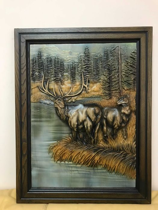 Картина з дерева, панно лосі в лісі біля озера