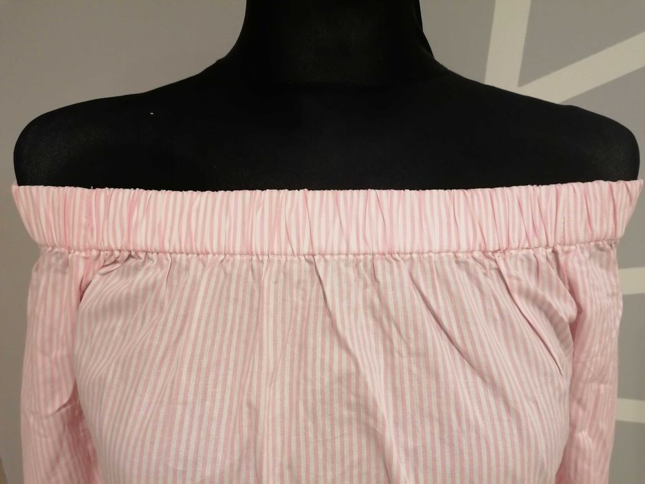 Bluzka hiszpanka, off shoulder, różowa, wiązania, paseczki
