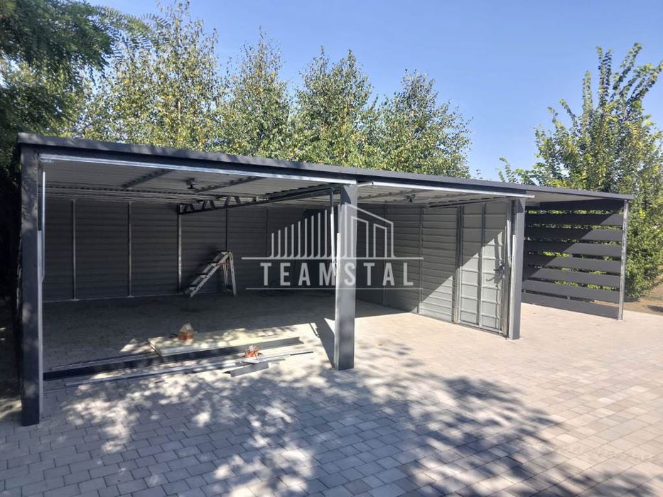 GARAŻ BLASZANY 6m x 6m - wiata 3m - spad tył 2x Brama drzwi TS512