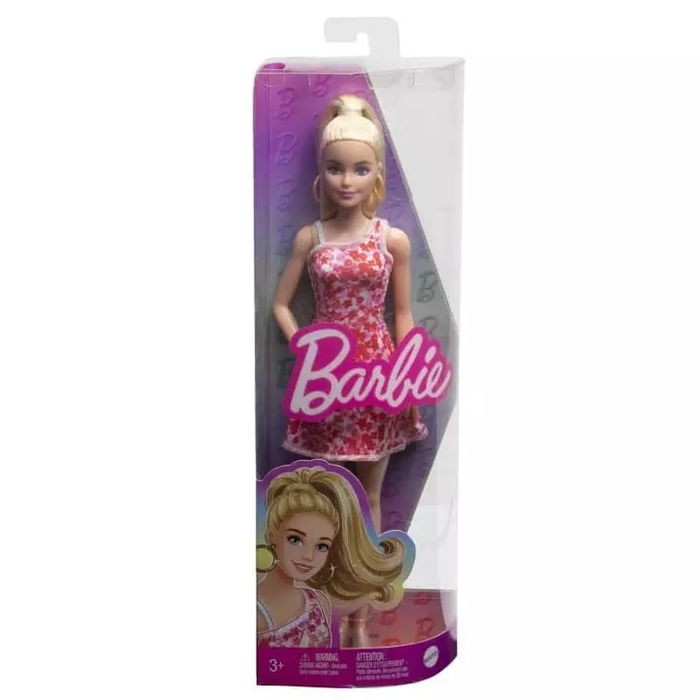 Barbie. HJT02 Fashionistas. Lalka w różowo-czerwonej sukience. Barbie