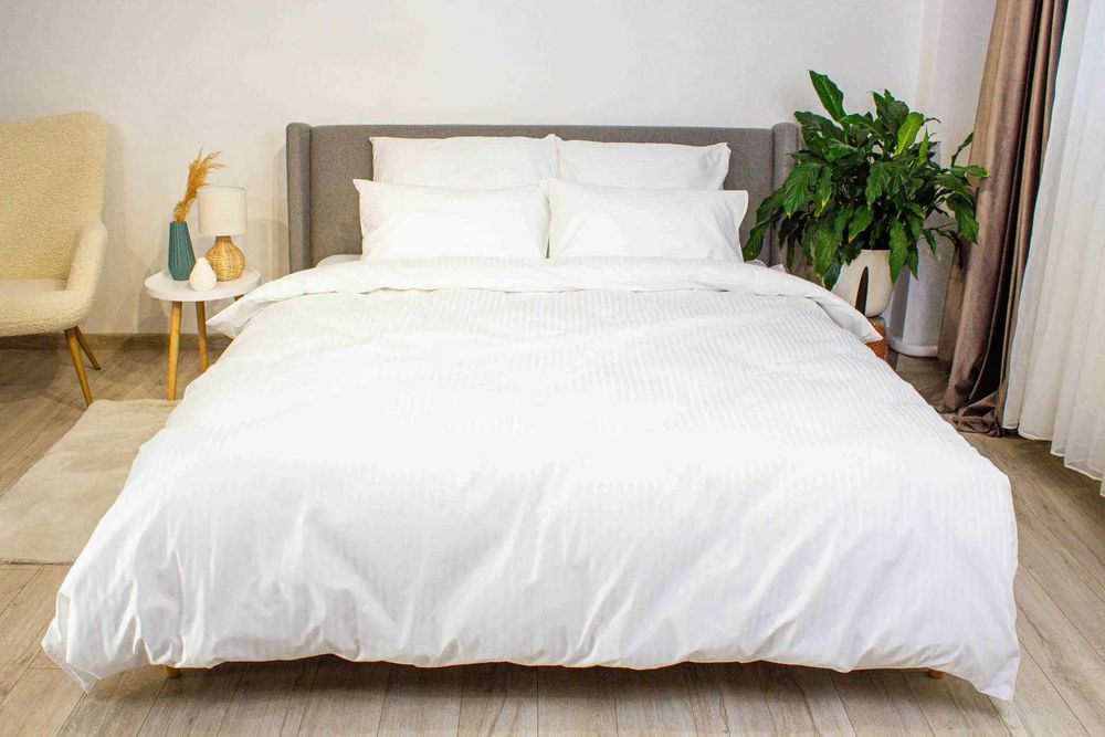 Постільна білизна євро Страйп Сатин біла, постельное белье евро