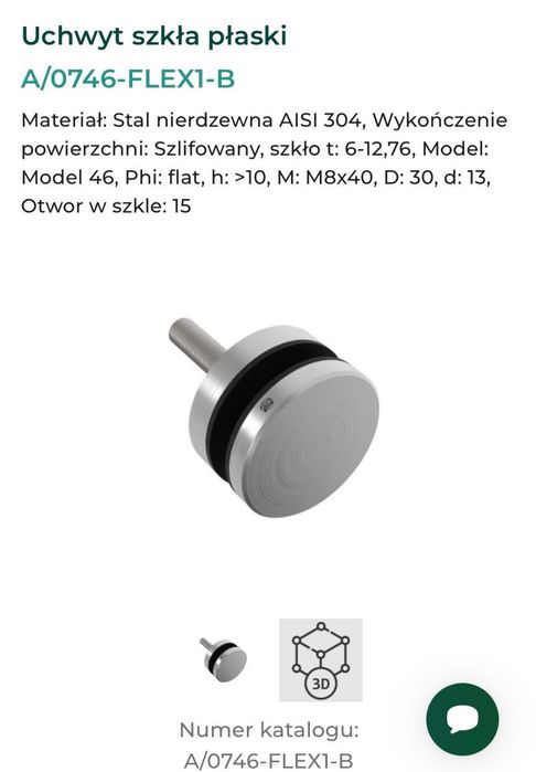 Uchwyt szkła płaskiego M8x40, D: 30, d: 13, Otwor w szkle: 15