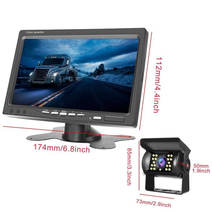 Kit Câmara de Marcha-atrás 12V-24V + Monitor LCD 7" HD (Novo na Caixa)
