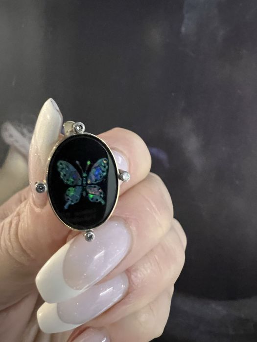 Серьги и кольцо ониксовая бабочка, бриллианты, золото 585•