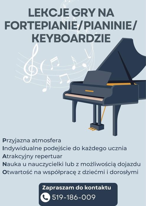 Lekcje gry na fortepianie/pianinie oraz korepetycje z kształcenia słuchu