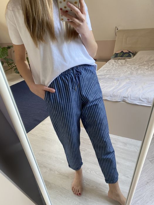 Spodnie H&M 34/36 S bawełniane letnie luźne w paski niebieskie