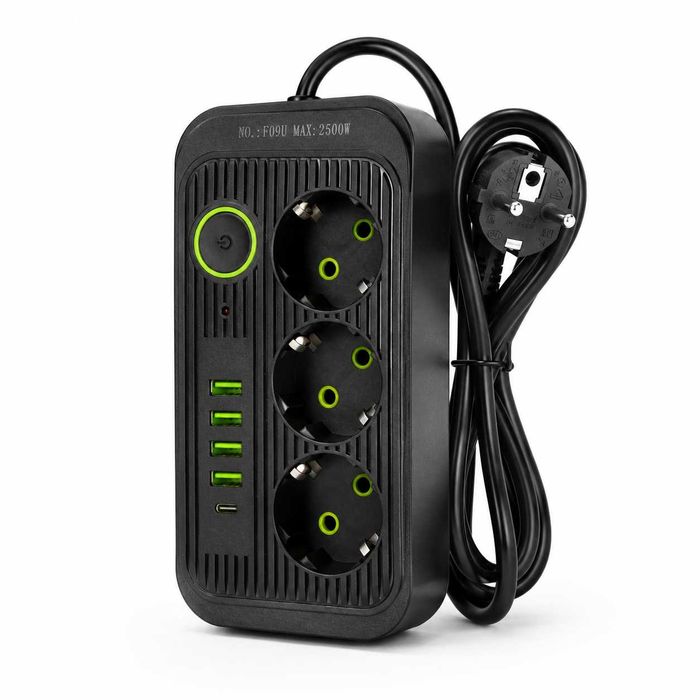 Мережевий фільтр на 3 розетки з USB та Type-C 6м подовжувач із заземленням 2500Вт мережевий подовжувач 6м переноска 6 метрів ОПТ подовжувачі оптом