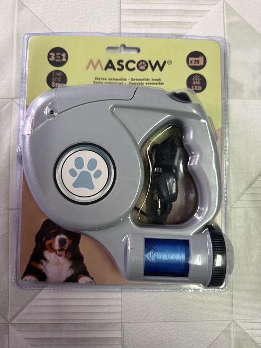 Trela Retrátil 3 em 1 para Cães – LED + Porta-Sacos + 5m | Nova