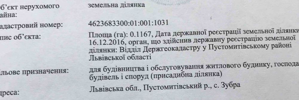 Продаж земельної ділянки під житлову забудову Зубра