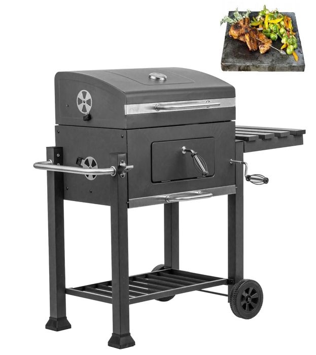Grill Węglowy Ogrodowy Duży Żeliwny Ruszt Pokrywa XL+Granitowy Kamień