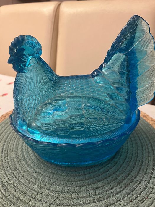 Duża Kura szklana turkusowa niebieska HSG Ząbkowice, PRL, new look