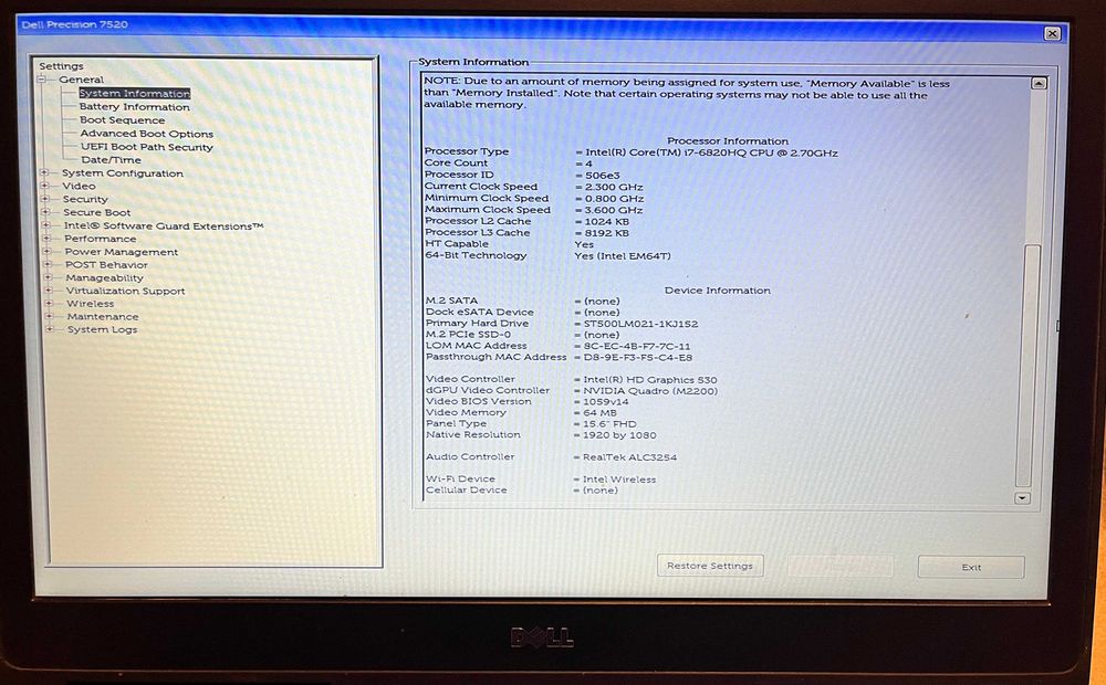 Laptop DELL Precision 7520. I7-6820 / Quadro M220 / 48 GB RAM / Win7
