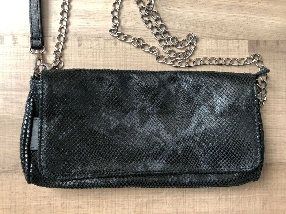 Nowa, skórzana , elegancka, torebka kopertówka Venezia, czarno-szara